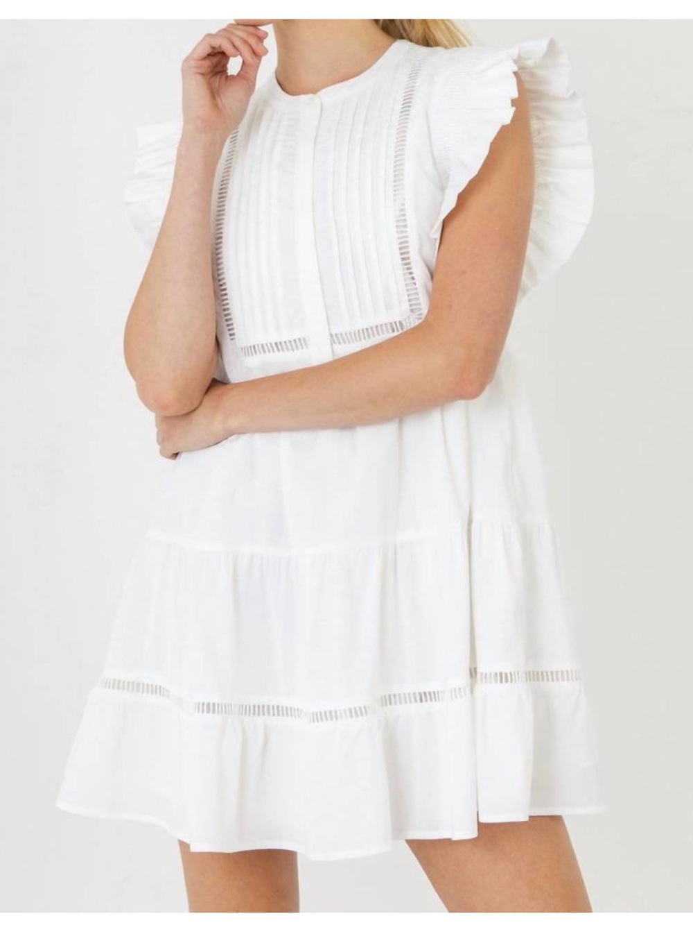 FREE THE ROSES trim detail ruffled mini dress in white-Small